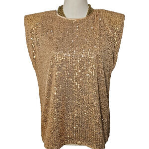 Entro Womens M Gold Sequin Party Top Cap Sleeve New Years Round Neck Relaxed Fit